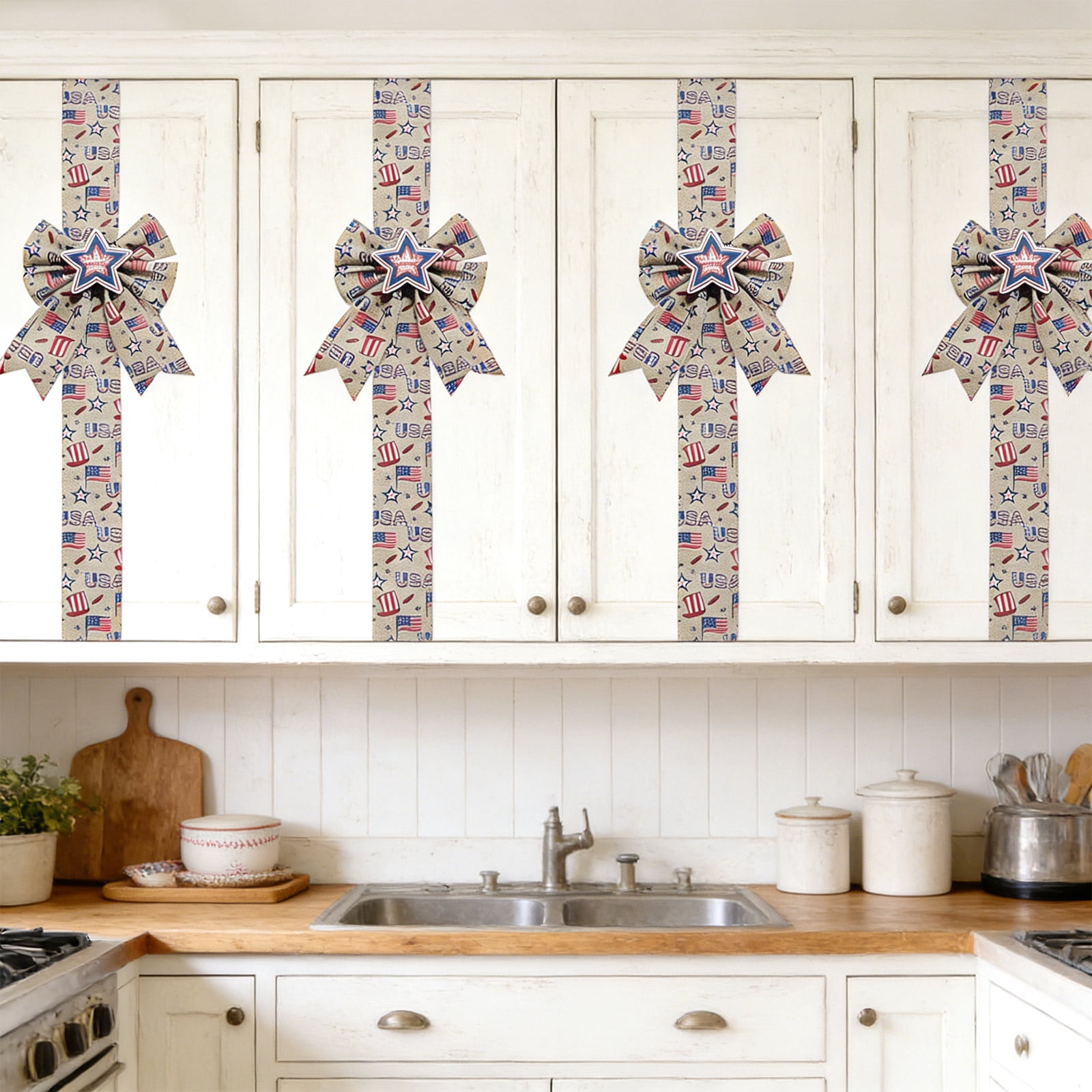 4th of July Burlap Patriotic Cabinet Ribbon – with Bows and Stars Red White Blue Rustic Hanging Decor for Kitchen, Supplies for Independence Day, 250th Anniversary