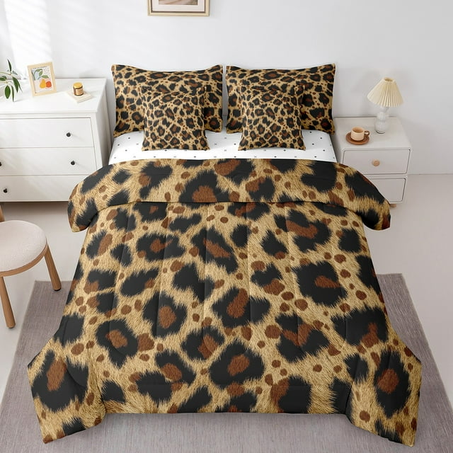Leopard Queen Bedding Set 7 Piece Cheetah Print Comforter Set With Sheets African Safari Animal Skin Bed In A Bag For Kids Adults Brown Spots Bed Set Reversible