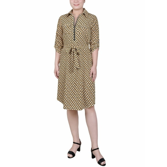 NY Collection Women's Petite 3/4 Roll Tab Sleeve Zippered Shirtdress