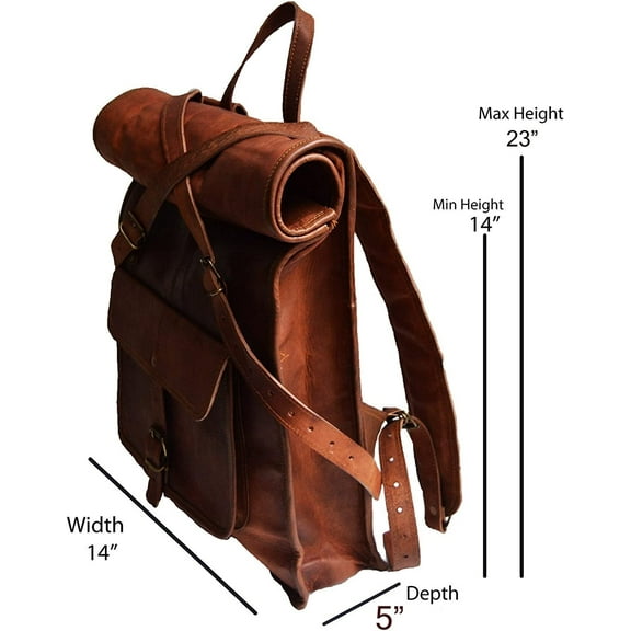 23" Brown Leather Backpack Vintage Rucksack Laptop Bag Water Resistant Roll Top College Bookbag Comfortable Lightweight Travel Hiking/picnic For Men