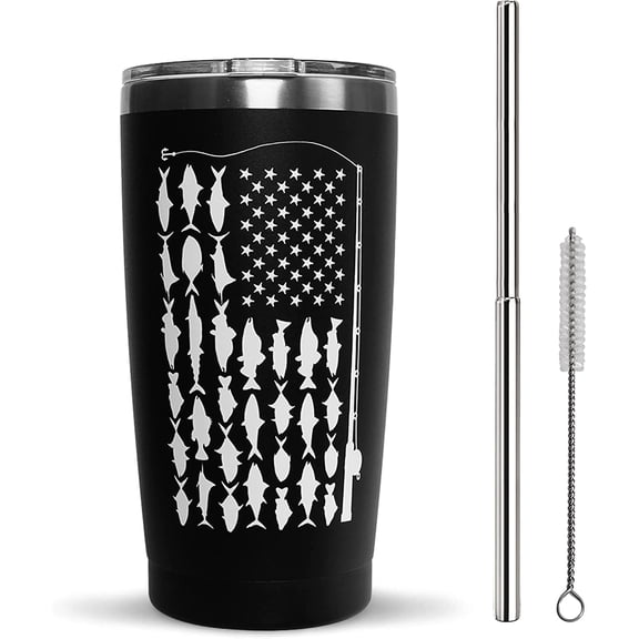 American Fish Flag Tumbler - Fishing Gifts for Men, 20 Oz Fishing Tumbler with Straw and Lid Stainless Steel Double Wall Vacuum Insulated Travel Coffee Cup - Gifts for Fisherman Who Has Everything