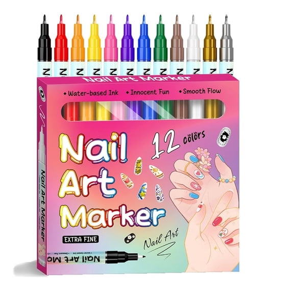 Waterproof Nail Art Pens, 12-Color Fine Tip Nail Markers, 0.5mm Acrylic Paint Pens for Nail Design, Quick-Dry Doodle & Liner Pens for Gel and Natural Nails, DIY Nail Art Drawing Tools (12 colors)