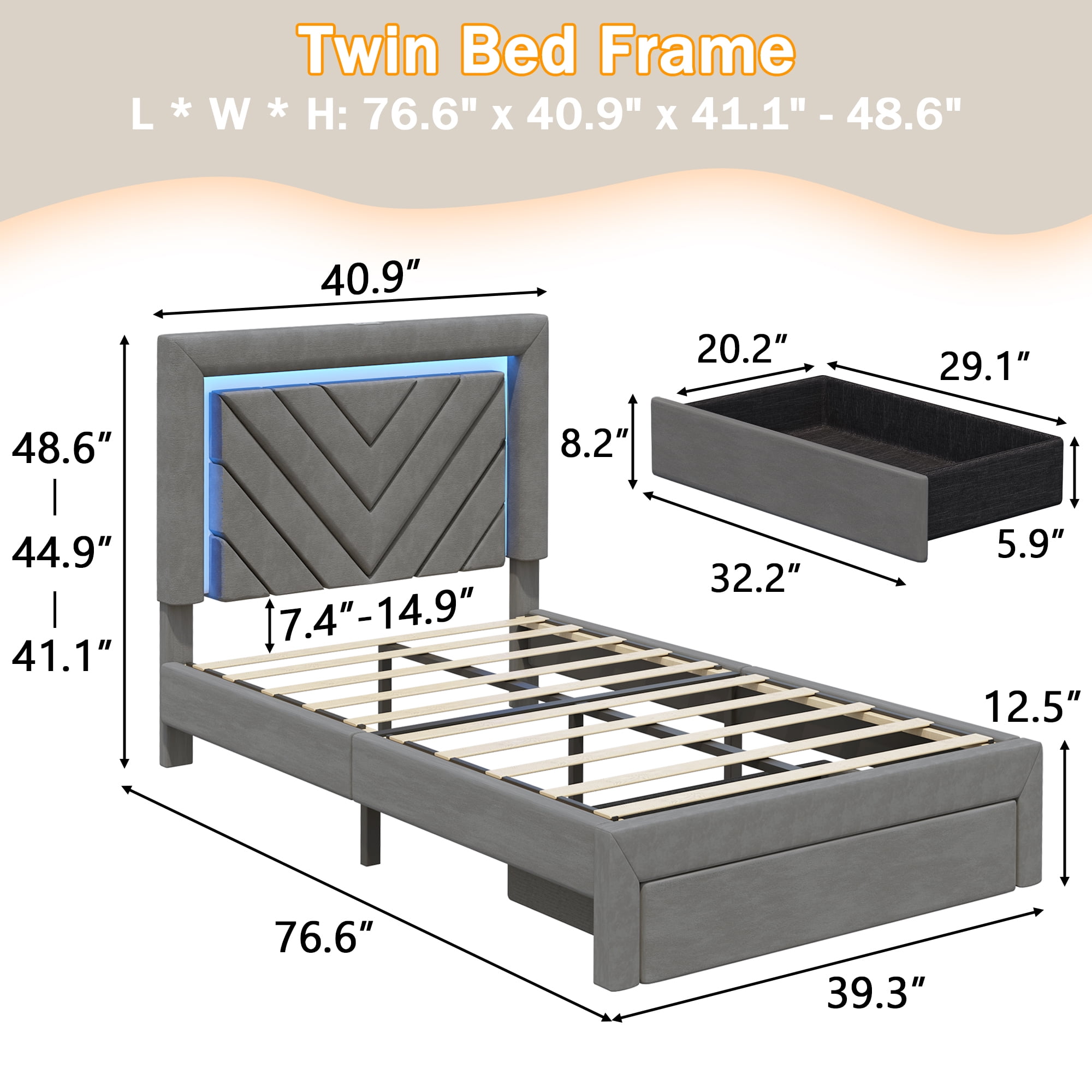 Fastroby Twin Upholstered Bed Frame with LED Headboard & Storage Drawer, No Box Spring Required