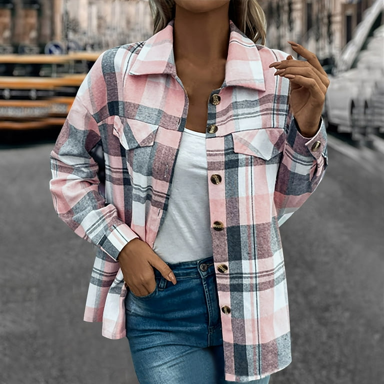 Women's Styling Shackets Pink/Gray Plaid Shacket For Women