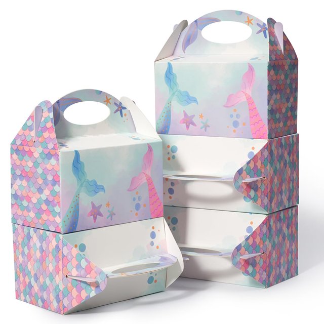 Shallive 25 cajas pequeñas para regalos de fiesta de 6 pulgadas, bolsas de regalo para galletas de caramelo, caja a dos aguas para fiesta de cumpleaños de niños, sirena