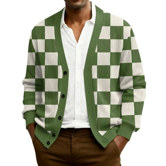 QHRMKOG Men Cardigan Relaxed Fit Color Block Argyle Graphic Cardigan Sweaters Vintage Long Sleeve V Neck Button Up Cardigans Fall Trendy Knitted Ribbed Sweater Green 3XL