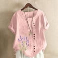 thumbnail image 2 of Cmfcve Women's Summer Oversize Tops Short Sleeve Round Neck Cotton Linen Tee Shirt Lavender Printed Henley Button Blouse, 2 of 5