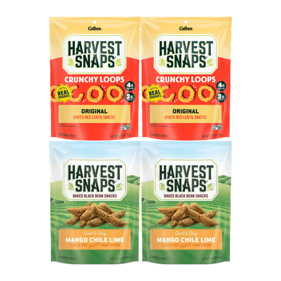 Harvest Snaps Veggie Chips Snack 4 Pack – 2.5oz Original  & 3oz Mango Chile Lime – Healthy Gluten Free Plant-Based Protein Snack, Low Sodium, Vegan