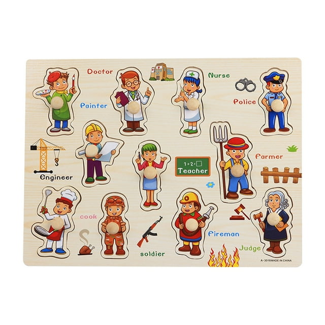 Kids Wooden Peg Puzzles Set with Alphabet Numbers Fruits Animals and Vehicles