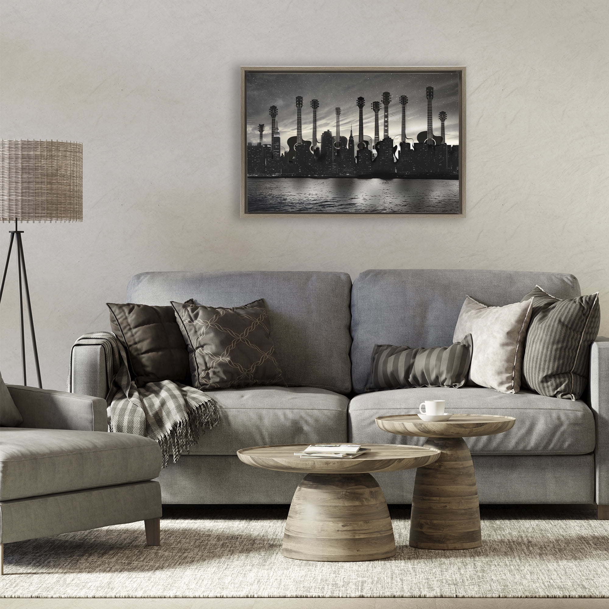 Stupell Industries Guitar Skyline Cityscape Brown Framed Floater Canvas Wall Art, design by CAD Designs