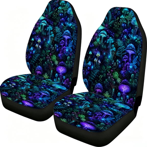 Odenmar Neon Mushroom Forest Car Seat Covers, 2‑Piece Front Protectors, Made from Lightweight Mesh Fabric, Universal Fit for Cars Trucks Vans Suvs
