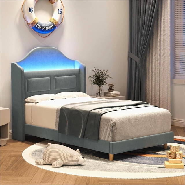 Bingirl Velvet Upholstered Twin Bed Frame with LED Lights and Wing Back Storage Headboard, Wood Slats Support, No Box Spring Needed, Easy Assembly - Blue
