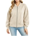 thumbnail image 2 of Women's Fleece Zip Up Jacket - Casual Long Sleeve Bomber Jacket With Ribbed Cuffs & Hem For Fall Winter Outerwear Beige L, 2 of 7