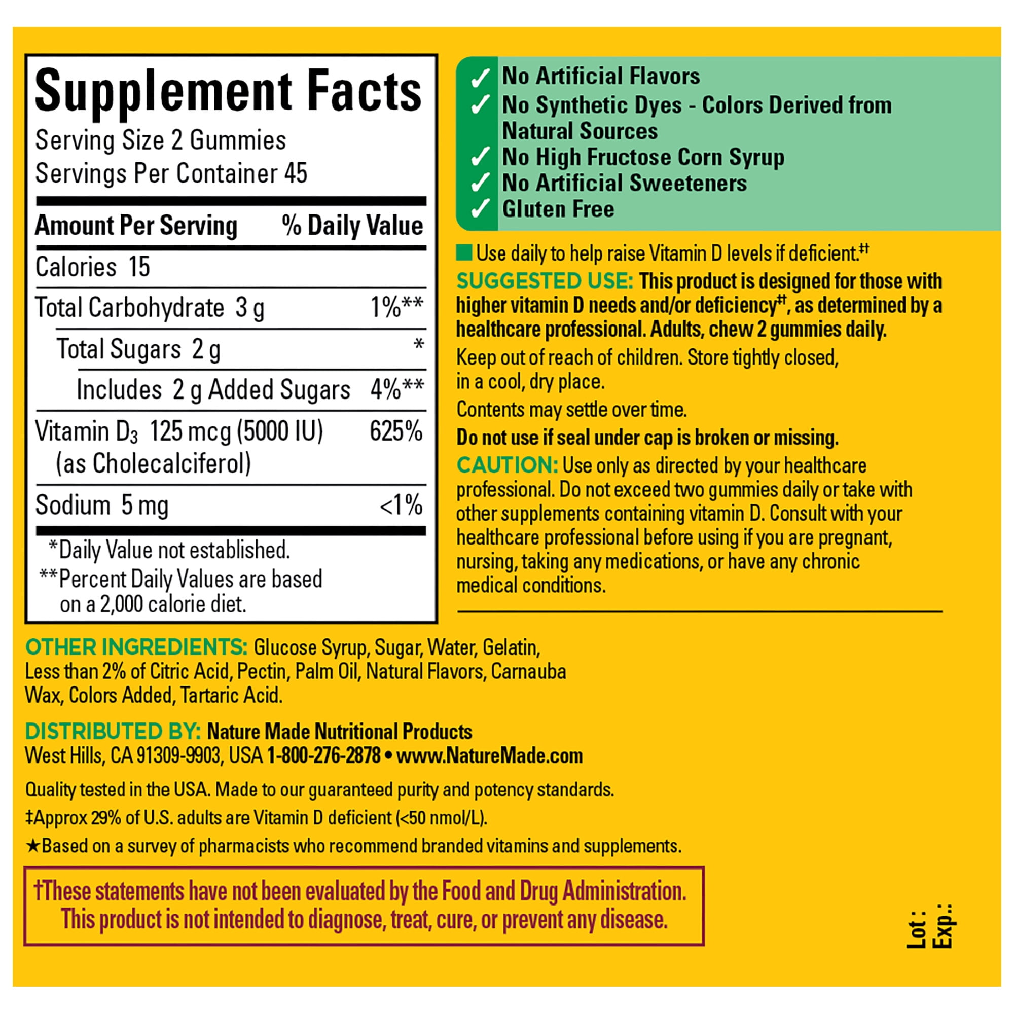 Nature Made Extra Strength Vitamin D3 5000 IU (125 mcg) per Serving Gummies, Dietary Supplement, 90 Count