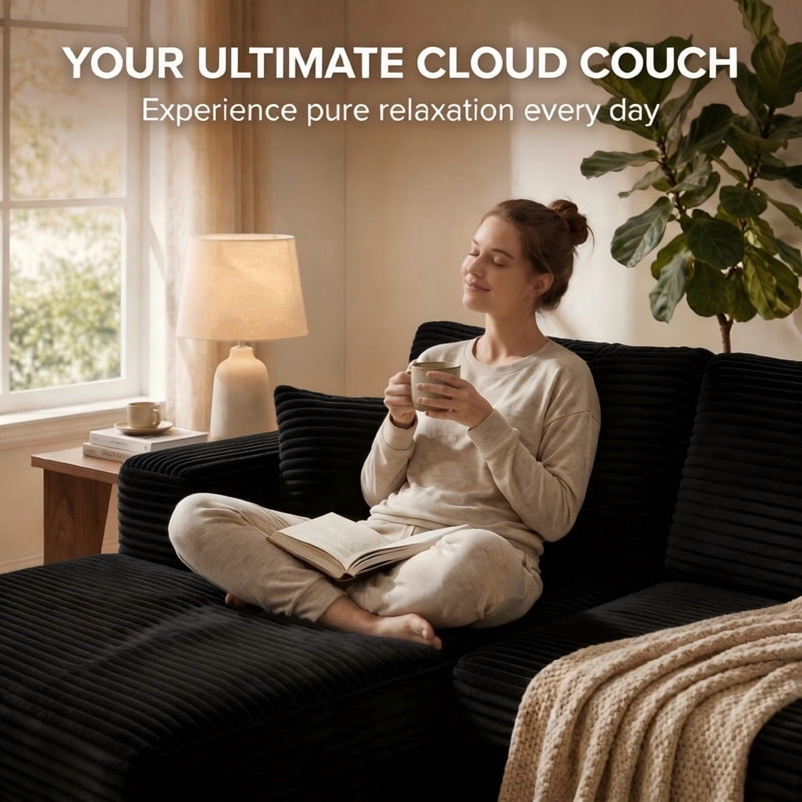104" Cloud Sectional Couch, Boneless Sofa for Living Room, Modular Sectional Sofa with Deep Seat, Comfy Fluffy Couch with L-Shaped Chaise, No Assembly Required (Left-Facing Chaise, Black)