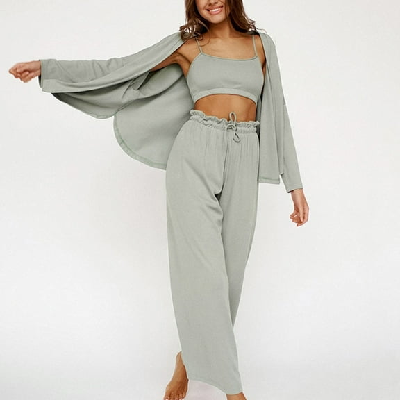 Kiplyki Flash Womens Sleepshirts Pajamas Vests Three Piece Set Of Ice Strips Wearing Long Pants Pajamas Fashionable Home Clothing
