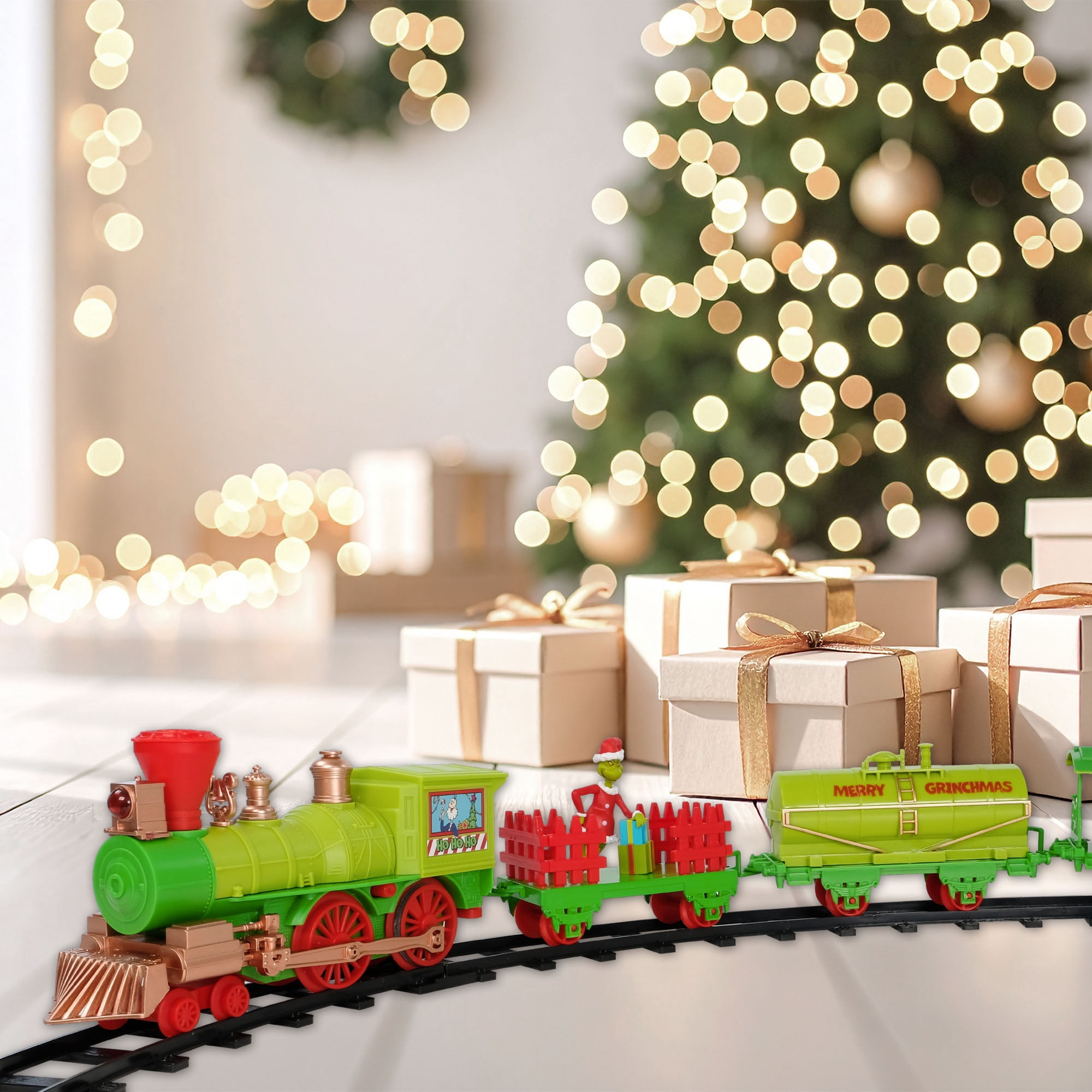 Dr. Seuss The Grinch Express 12‑Piece Holiday Train Set with Light, Sound, and 9‑Foot Track