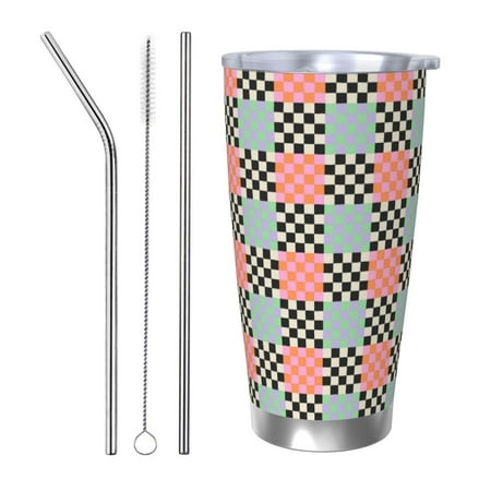 

Qekee Colorful Checkered Print 20OZ Car Cup Stainless Steel Vacuum Insulated Tumbler Tumbler Cup With Lid And Straw Travel Coffee Mug-Straw Three-piece Set