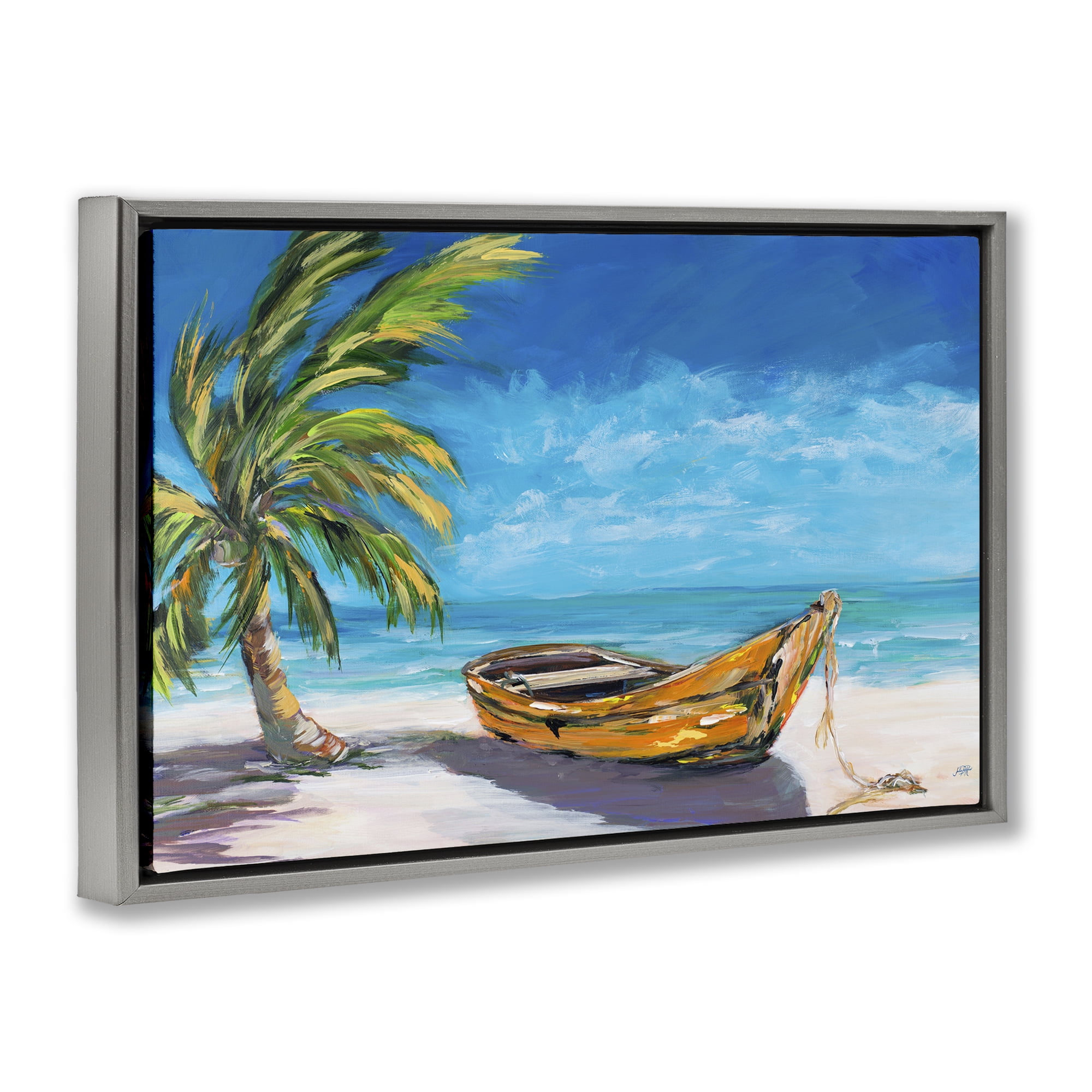 Stupell Industries Lost Island Palm & Boat Gray Framed Floater Canvas Wall Art, design by Julie DeRice