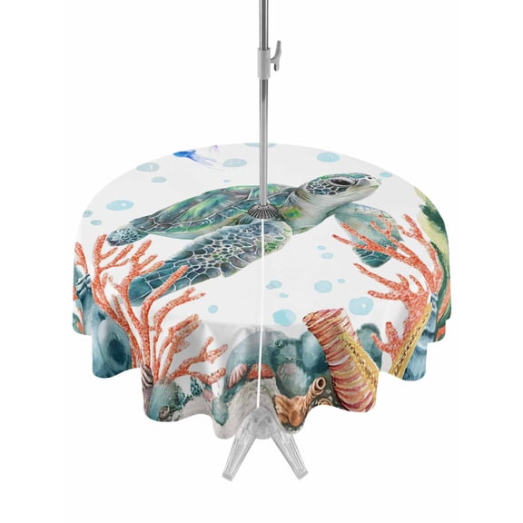 Outdoor Tablecloth with Umbrella Hole for Patio/Picnic/Party/Camping, Sea Turtle Coastal Waterproof Table Cloth Round Cover Washable, Summer Nautical Starfish Coral Ocean (Dia 54")