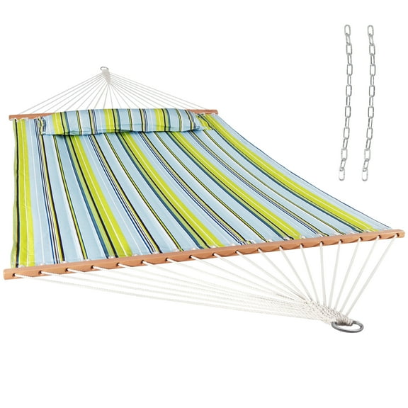 Sunnydaze 2-Person Quilted Polyester Spreader Bar Hammock, 450 lb Capacity - Blue and Green