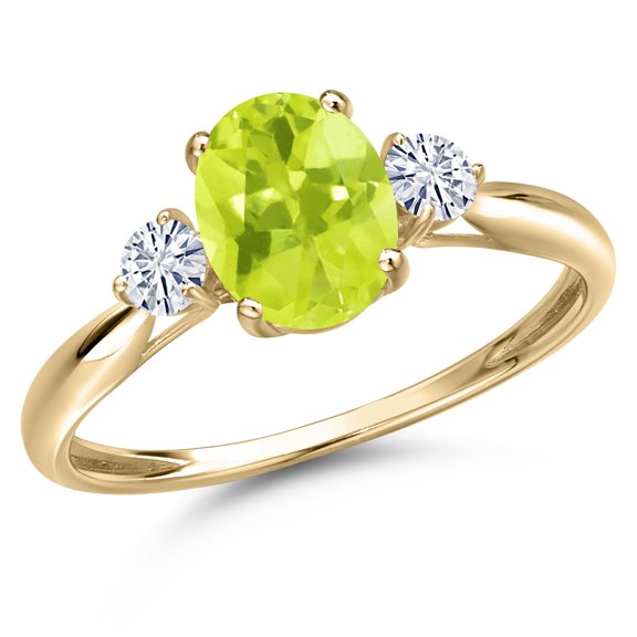 Gem Stone King 10K Yellow Gold Yellow Lemon Quartz and White Moissanite 3-Stone Ring for Women | 1.30 Cttw | Oval 8X6MM | Gemstone Birthstone | Size 7