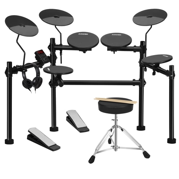 AODSK UAED-100 Electric Drum Set, 4 Pads 3 Cymbals, 120 Sounds, Foldable Portable Kit with Throne & Headphones