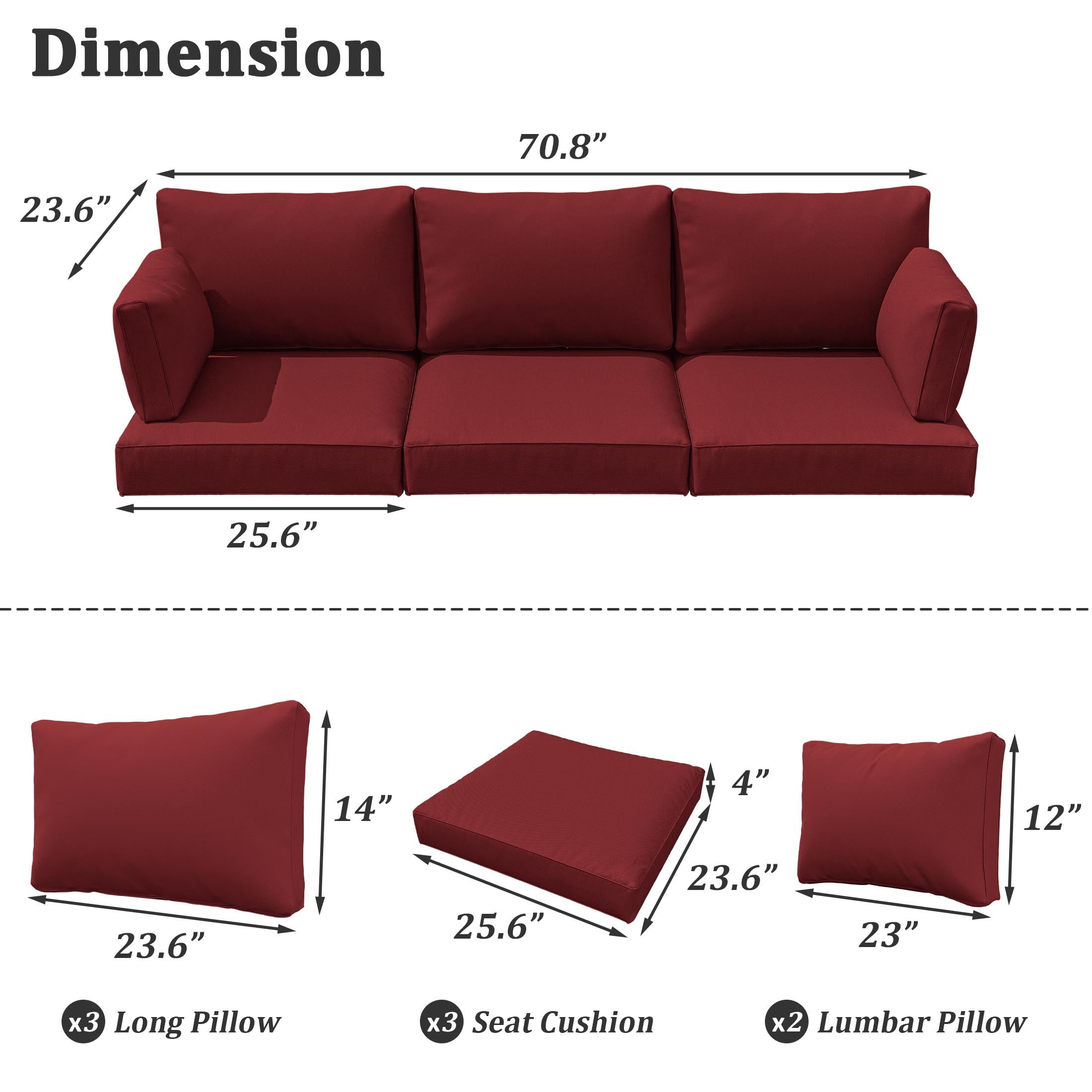 Pakunoda Outdoor Cushions Replacement, 8 Piece Sectional Cushion Fits 3-Seat, 4” Foam Deep Seat, for Patio Rattan Wicker Replacement Cushion, Liner&Cover, Burgundy