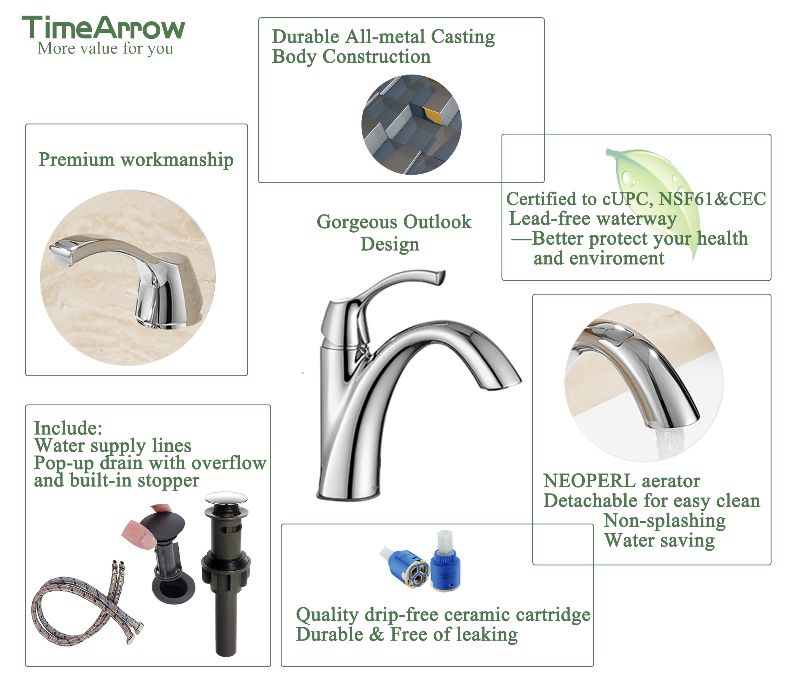 TimeArrow Chrome Bathroom Faucet, Single Handle Bathroom Sink Faucet for 1 Hole with 3 Holes Deck Plate, Lavatory Vanity Faucet, Pop Up Drain and Water Supply Lines Included, TAF206-CP