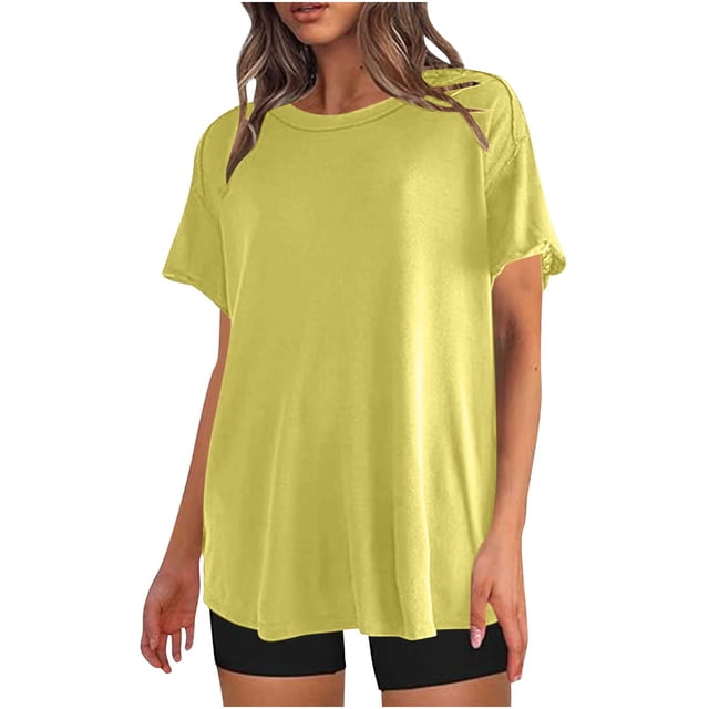 GigrtiJin T-Shirts Oversize pour Femmes Col Rond Manches Courtes 2025 T-Shirts d'Été Couleur Unie Tops Athlétiques Amples
