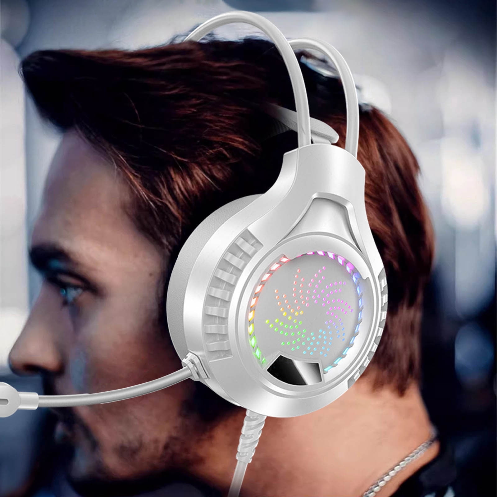 Gaming Headphones Wired Earphones, Illuminated 3.5mm USB Computer Headset with Noise Reduction Microphone, Adjustable Comfortable Headband for Gaming Work Study