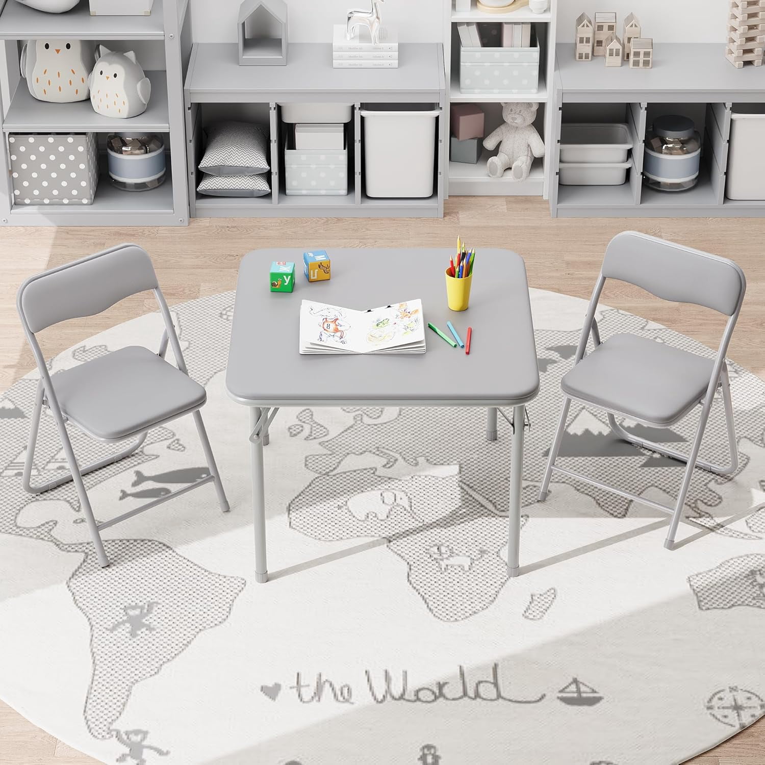 Boys and Girls Folding Table and Chairs Set of 3, Portable Table and Chair with Pu Soft Cushion,Suitable for Eating,Reading and Playing