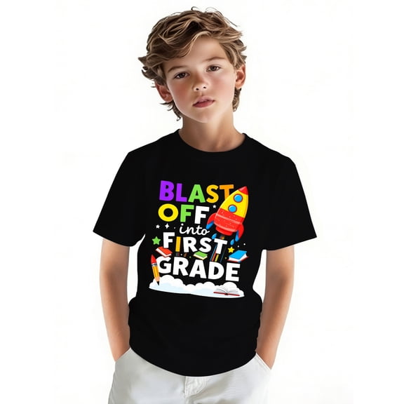 children’s wear Funny Boys Back to School First Grade T-Shirt, Cute Colorful Rocket Ship Blast Off Learning Kids Tee