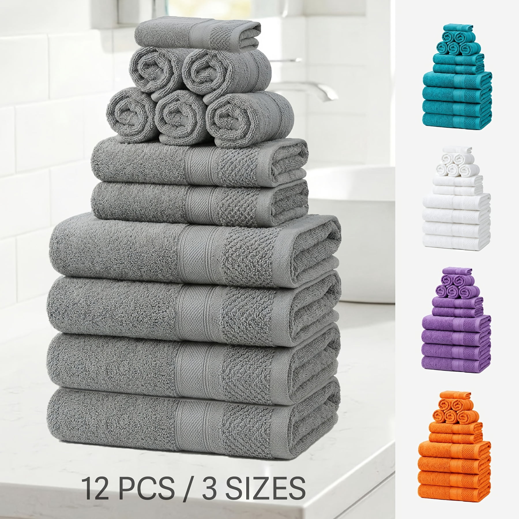 Set Of 12 Luxurious Cotton Towels Set, Ultra Soft & Highly Absorbent Premium Towels, Includes 4 Bath Towels, 2 Hand Towels & 6 Washcloths, Luxury Hotel Quality Shower Towels for Family & Guest Room.
