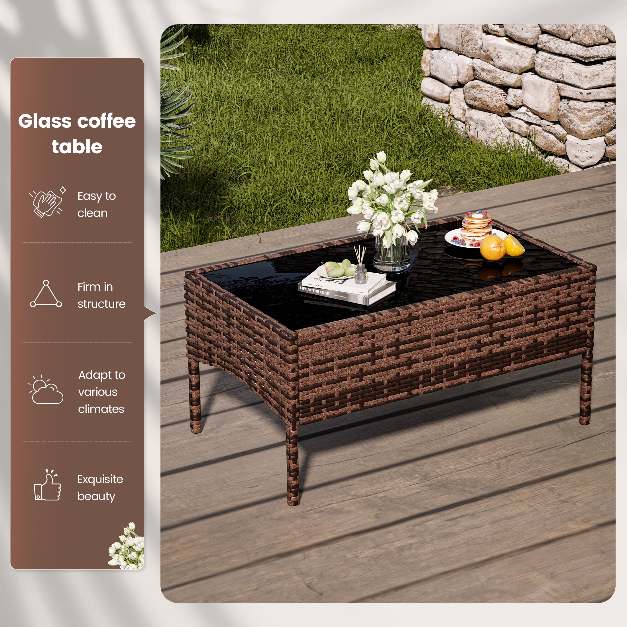 UDPATIO 4 Pieces Outdoor Patio Furniture,Sectional Conversation Sets,Brown PE Rattan Patio Chairs with Table and Loveseat for Balcony, Porch, Backyard,（Turquoise Cushion）