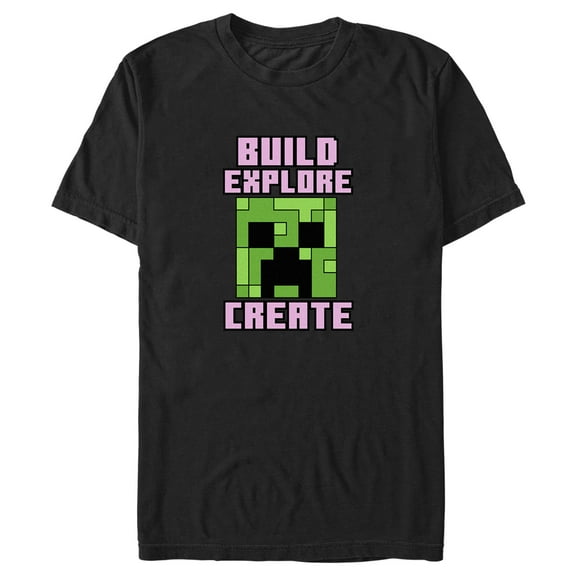 Men's Minecraft Creeper Face Build Explore Create  Graphic Tee Black Medium