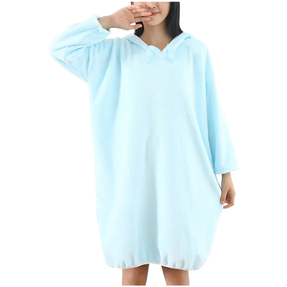 Long Sleeve Fleece Bathrobe for Women Oversized Thermal Hoodies Robe Cozy Quick-Drying Bath Bow Mid-Length Pullover Sleepwear Drop Shoulder Pajamas Soft Classic Homewear