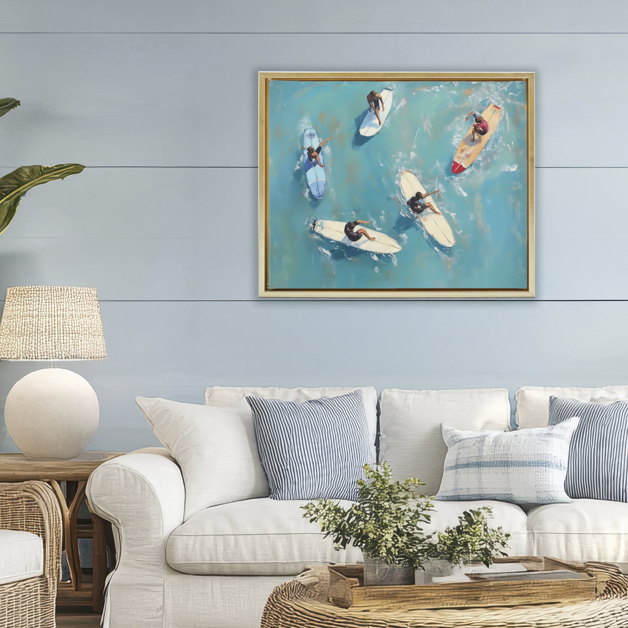 Stupell Industries Group of Surfers at Sea Gold Framed Floater Canvas Wall Art, design by LSR Design Studio