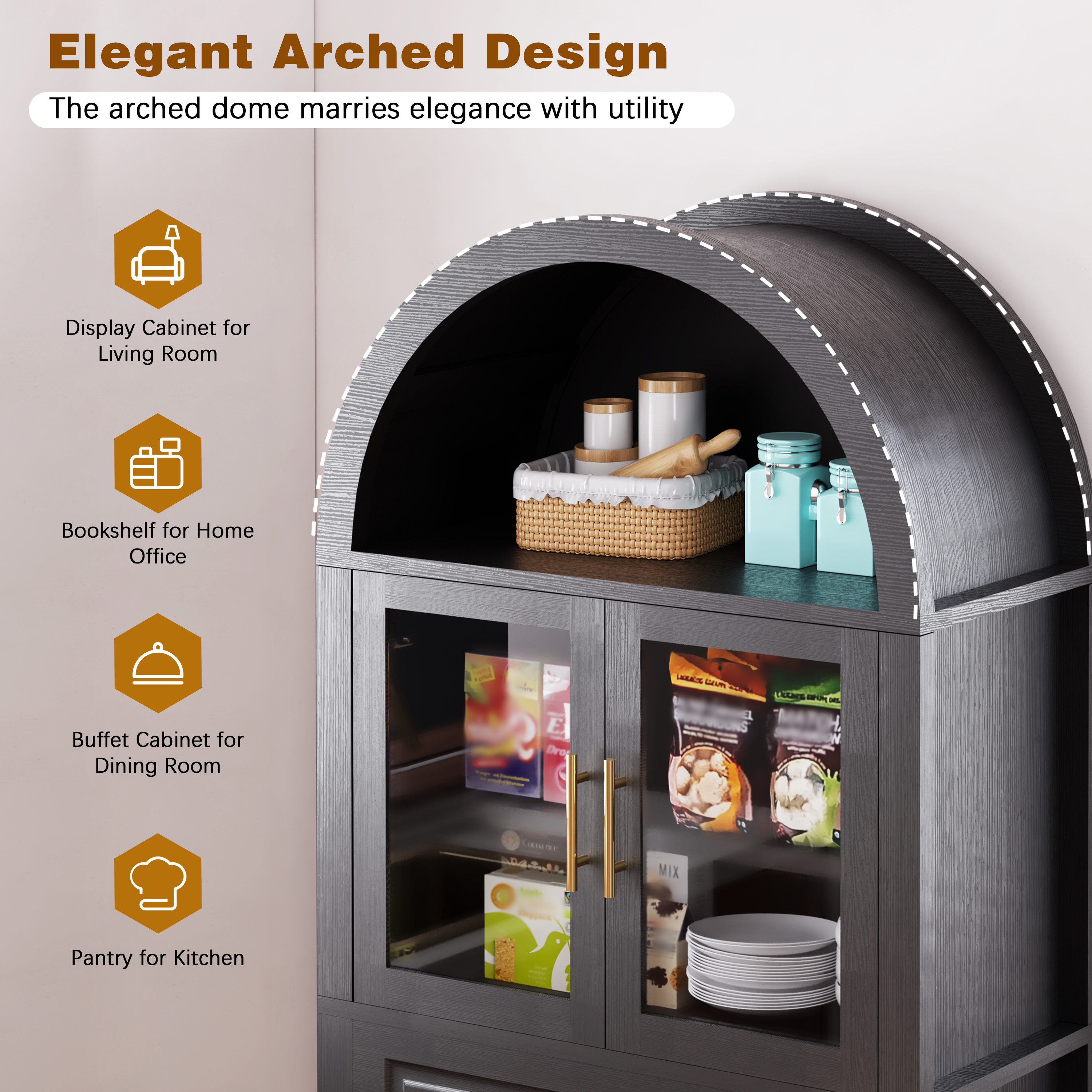 Mintazer Arched Farmhouse Kitchen Pantry Cabinet with Glass Doors, 71" Tall Freestanding Storage with Adjustable Shelves & Drawer for Kitchen Living Room Dining Room, Black