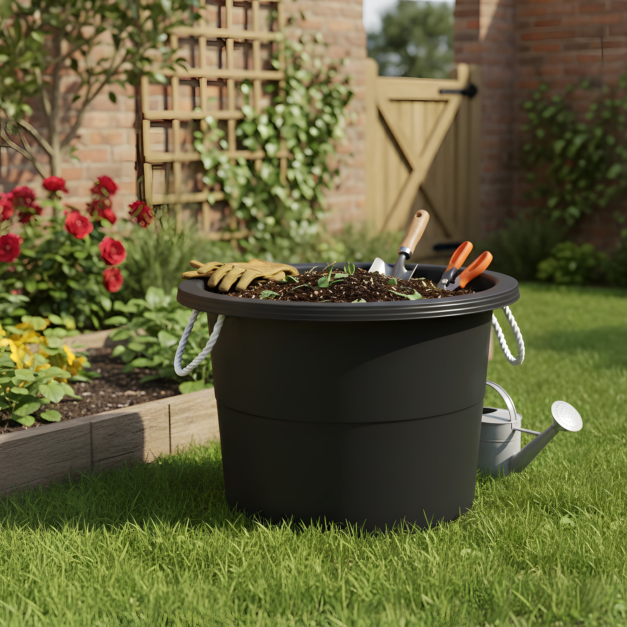 17.8 Gallon Black Plastic Utility Bucket with Rope Handles for Multipurpose Use