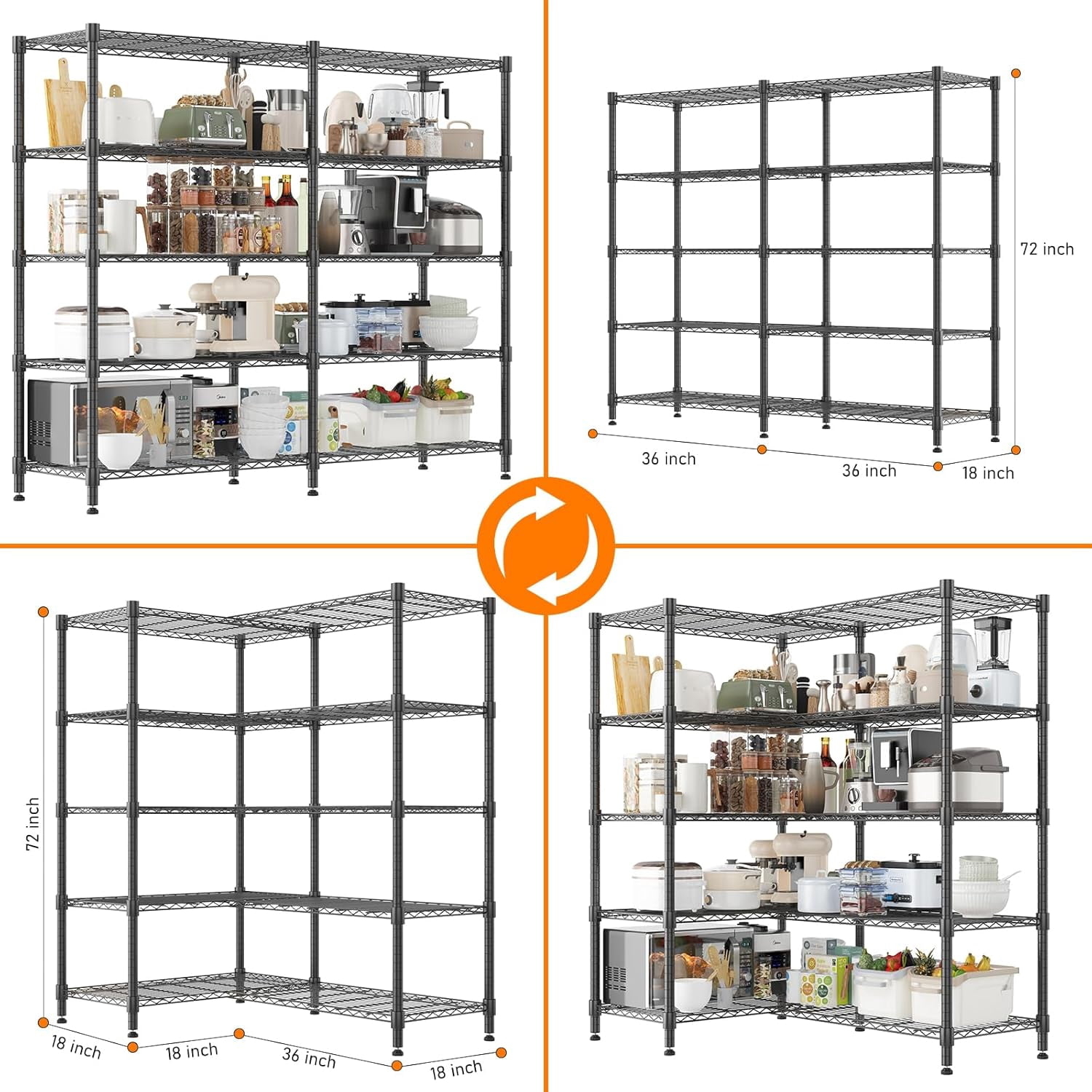 Sailvan 5-Tier Heavy Duty Metal Storage Rack, 60"W x 14"D x 72"H, 1500LBS Capacity Adjustable Wire Shelving Unit for Garage Pantry Kitchen,Black
