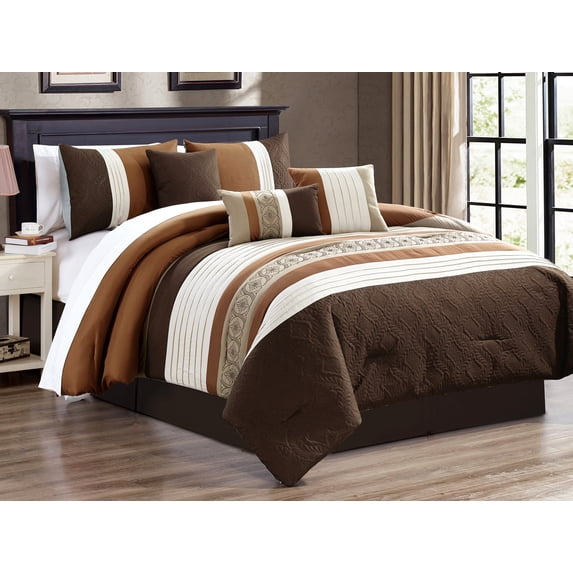 7-Pc Adrian Geometric Floral Olive Wreath Leaves Embossed Embroidery Pleated Comforter Set Brown Beige Coffee Tan Queen