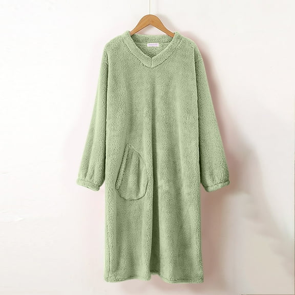 BRGZLK Flannel Nightgowns for Womens Long Sleeve Solid Color Plush Nightgown Extended Warm Long Nightgown with Pocket Green L
