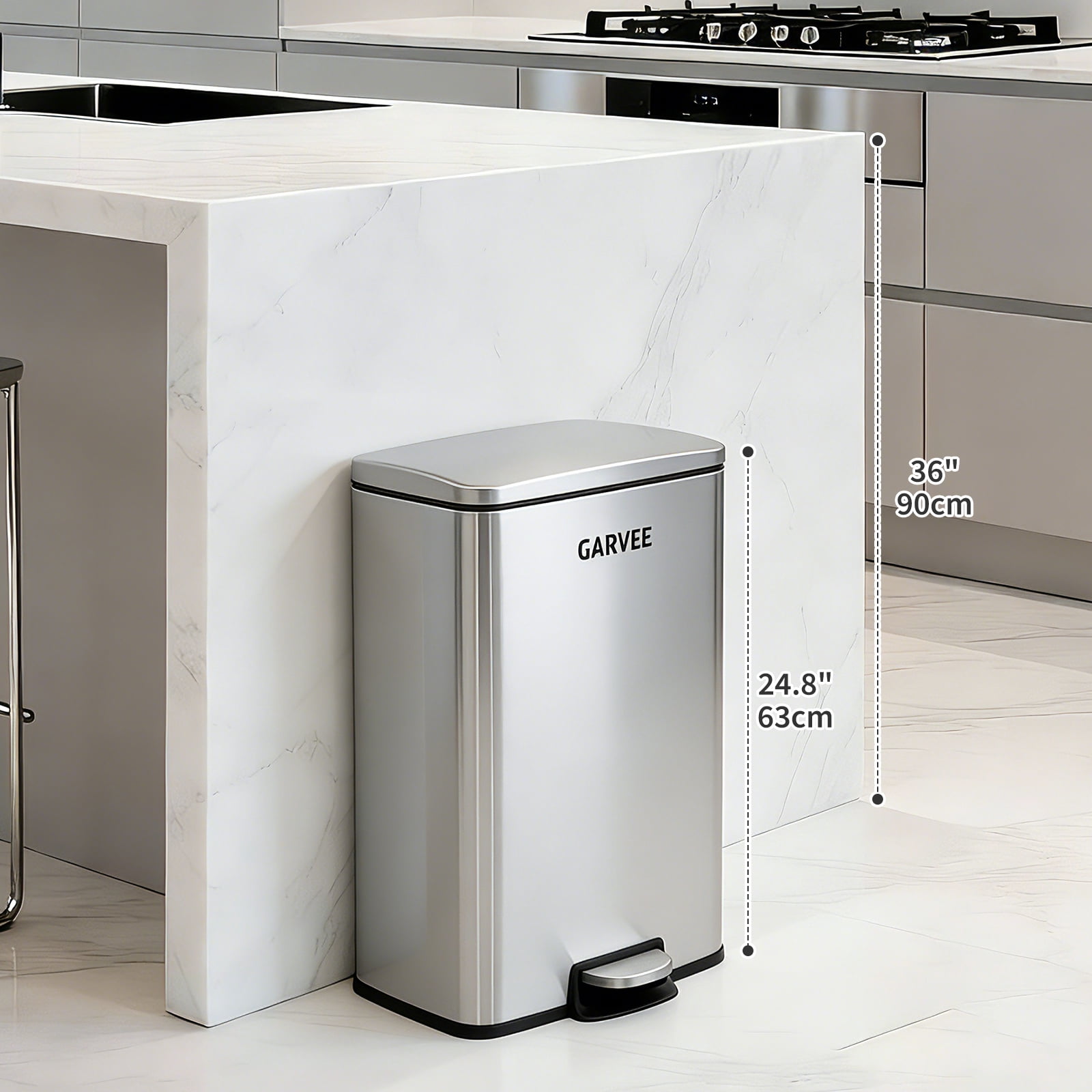Garvee Kitchen Trash Can, 13 Gal / 50 L Stainless Steel Large Garbage Can with Quiet Soft-Close Lid, Step-on Kitchen Metal Trash Bin with Removable Inner Bucket for Living Room Office Garage,Silver