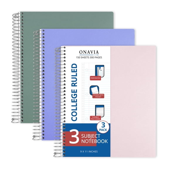 ONAVIA 3 Subject Notebook, 3 Pack, ‎9”×11”, College Ruled Paper with 3-Hole Punch, Flexible PP cover, 3 Dividers with Pockets, 300pages/150sheets, 3 Aesthetic Colors