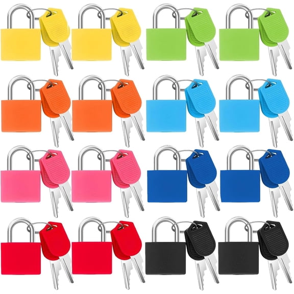 16 Pack Small Luggage Padlocks with Keys, Mini Colorful Lock Small Padlock, 8 Assorted Colors 2‑Pack Each, Copper Core with Plastic Shell for Gym Locker Suitcase Backpack Storage