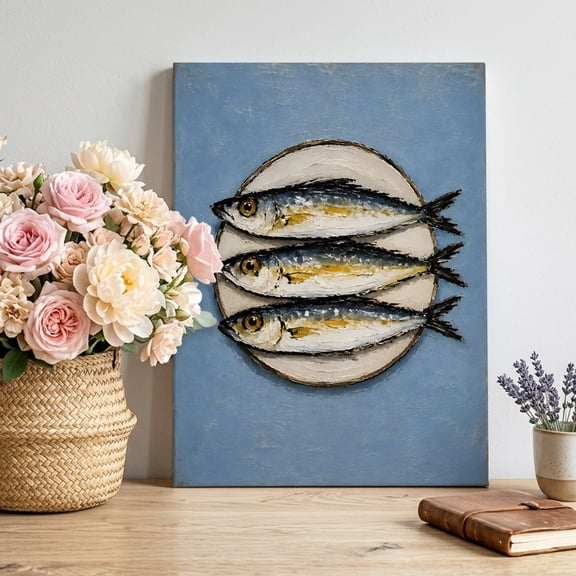 Canvas Wall Art Sardines Fish Canvas Art Print Coastal Nautical Rustic Plate Blue Background Pictures Wall Decor for Living Room Bedroom Artwork Decorations Stretched Framed Ready to Hang 12"x18"