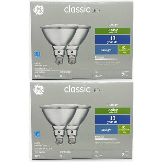 (4 bulbs) GE classic LED PAR38 Floodlight, 15 watts, 1300 Lumens, Outdoor Wet rated, Daylight 5000K, Dimmable, Medium base,  LED floodlight (90 watt replacement)