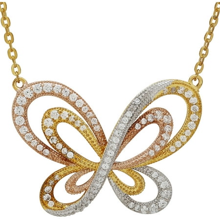 Cubic Zirconia Sterling Silver and 18kt Gold-Plate Butterfly Necklace, 18