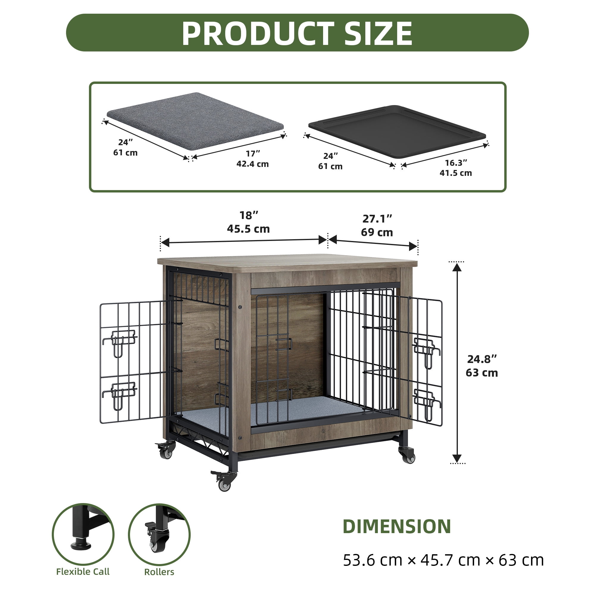Uforic 27" Dog Crate Furniture with Cushion & Tray, Wooden Indoor Dog Kennel End Table for Small Dogs, Gray